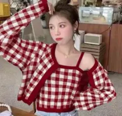 GRLチェック柄ショート丈カーディガンXキャミソールニットアンサンブル