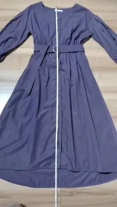 パープル七分袖ボタン付きシャツワンピース