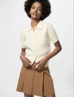 ユニクロ UNIQLO リブポロカーディガン アイボリー M