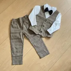 【100cm】チェック キッズスーツ 長袖ブラウン フォーマル セットアップ