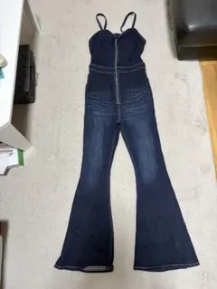 ダークブルー デニム フレアジャンプスーツ