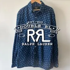 名作 RRL ダブルアールエル ロゴ総柄 デニムワークシャツ 猫目 インディゴ染のサムネイル