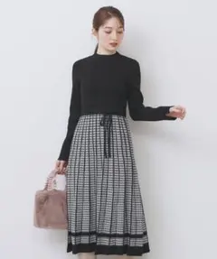 index インデックス 千鳥チェックバイカラーニットワンピース