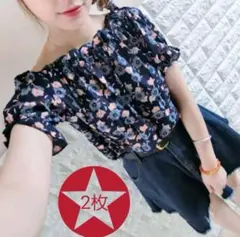 ２枚セットオフショルダー ブラウス 花柄 シフォン パフスリーブ