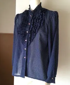 ネイビー ドット柄★フリルシャツ★長袖ブラウスシャツ★昭和レトロ★シースルー