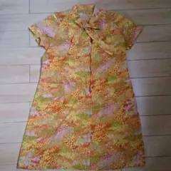 昭和レトロ古着ビンテージ透け素材ボウタイ花柄ワンピース