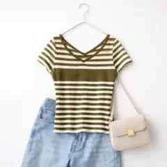 C DE C♡2way ボーダー半袖ニットカットソー カーディガン Vネックのサムネイル