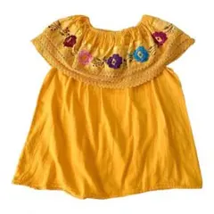 海外古着 メキシカン チアパス州 手刺繍 フラワー オフショルブラウス 民族 黄