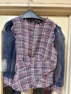 ツイード シースルー 長袖ブラウス チェック柄