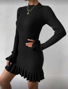 新品　ブラックリブニットワンピース