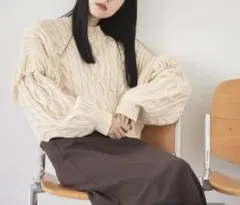 LOWRYS FARM フリンジケーブルニットロングスリーブ