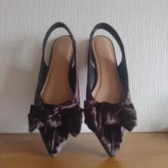 【極美品】ダークブラウンベロアリボン付きフラットシューズ