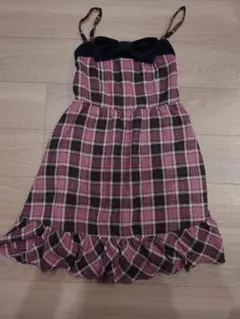 セシルマクビー　ピンク系チェックベルベットリボン付き キャミ ミニワンピース