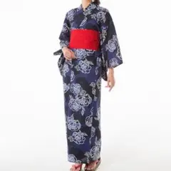 浴衣　紺　赤帯　花柄　クラシック
