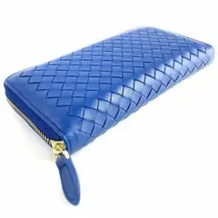 新品 男女兼用 編み込み長財布 ブルー 高級PU ラウンドファスナー 小銭入れ
