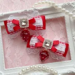 【クリアレッド苺】赤チェックビジューいちご♡ヘアクリップ リボン 量産型 地雷系