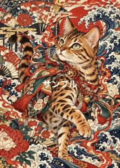 【一作限り】絢爛豪華な和装のベンガル猫 E536 和風 浮世絵 猫アート