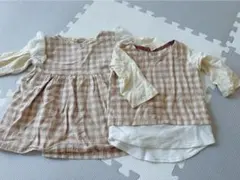 チェック柄フリル付き長袖シャツ　ハンドメイド　男女双子