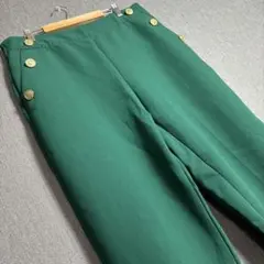 ZARA ザラ グリーン ワイドパンツ 金ボタン ウエストゴム Lサイズ