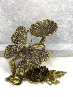 Z461-2 銅合金メタル台座　置物　蝶と花　薔薇　ゴールド