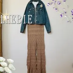 LHEBIE透かし編みコットンニットフレアプルオンパンツ（M）ベージュのサムネイル