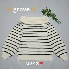 【grove】✨️美品✨️アイボリー・ネイビー ストライプ ニット【Ｍサイズ】✨