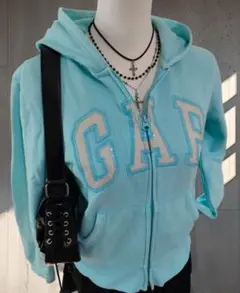Y2K 00s GAP ジップパーカー 水色 希少 デカロゴ 刺繍ロゴ