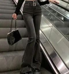 ハイウエスト ベルト スリムフレア デニムパンツ ブラック ダークグレー L