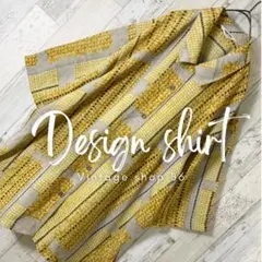 柄シャツ レディース 半袖 L 金 古着 総柄 パターン柄 昭和 レトロ アート