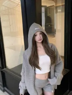 SHEIN DAZYニットパーカーセットアップ 韓国 グレー
