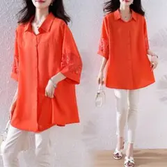 ブラウス オシャレデザイン レース柄 切り替 着痩せ効果 大きいサイズ 折り衿