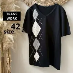 【トランスワーク】アーガイル柄・半袖サマーニット・Ｖネック・ゆったり◇黒【XL】