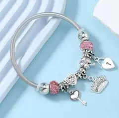 パンドラスタイル　ブレスレット　チャ－ム　セット　ピンク　鍵　王冠　ハ－ト
