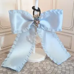フリルリボン ヘアゴム / 水色 金魚チャーム付き