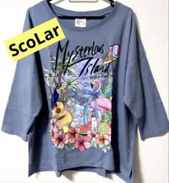 ScoLar 花と鳥たちの楽園プリント 8分袖Tシャツ （ブルー）