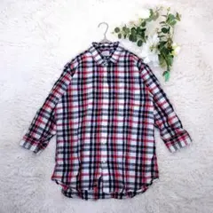 バックナンバー 7分袖シャツ(M)麻混 赤ネイビーチェック柄 洗える