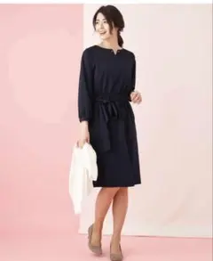 a.v.v ネイビー 長袖 膝丈ワンピース ウエストリボン付き