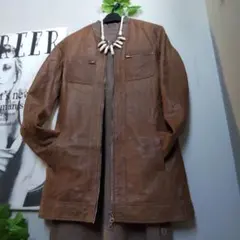 イタリア製の羊革使用 ライトブラウンレザージャケット ノーカラー 丈長め