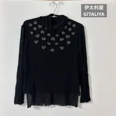 伊太利屋 OKITALIYA【M】ラインストーン Vネック ギャザーカットソー