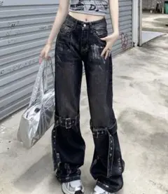 y2k ブラックデニム ワイドレッグパンツ ベルト付き
