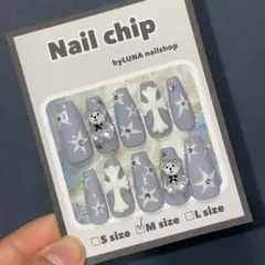 星ネイル y2kネイル 韓国ネイル ブルー 十字架 くま