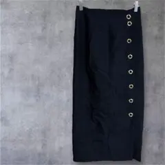 ロングタイトスカート【44】黒 ウール100% 金ボタン ヴィンテージ調 秋冬