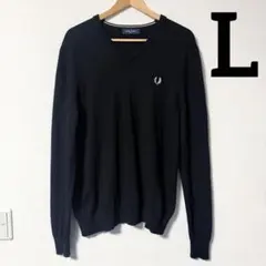 FRED PERRY ウール100％ 薄手 Vネック ニット 月桂樹 刺繍 L