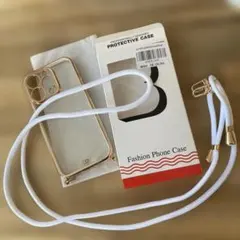 iPhone 15 Pro用クリア/ゴールド ケース ストラップ付き