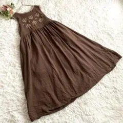 サマンサモスモス 花刺繍 パイピング ノースリーブ ワンピース ブラウン F