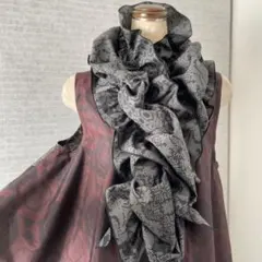 黒グレー系✨大島紬たっぷりフレアのギャザーストール112センチ丈