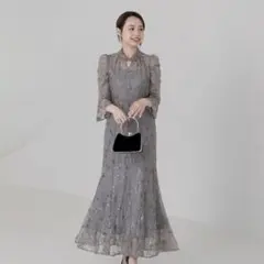 LEJA】スパンコール刺繍レース フレアスリーブ Iライン ドレス グレー