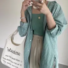 【超美品】ミスティック ストライプ シャツ コットン 綿100% グリーン 長袖のサムネイル