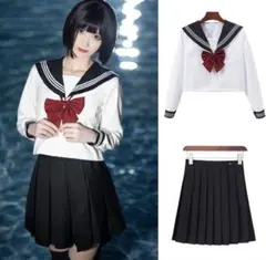 セーラー服 コスプレ 制服 上下セット 長袖 プリーツスカート リボン付き