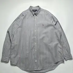 90s ラルフローレン 長袖BDシャツ XL ブルーグレーストライプ ○8233